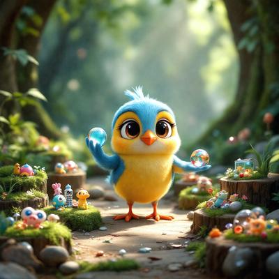 The primary subject of the image is a small, colorful bird with a blue head and yellow body. The bird is standing on a path surrounded by various small toys, including eggs and other bird figurines. The setting appears to be a forest, with trees and plants visible in the background. The visual style of the image is a combination of photo and digital art, creating a vibrant and lively atmosphere. The colors and mood of the image are predominantly bright and cheerful, with the bird and toys adding a sense of playfulness and whimsy to the scene.